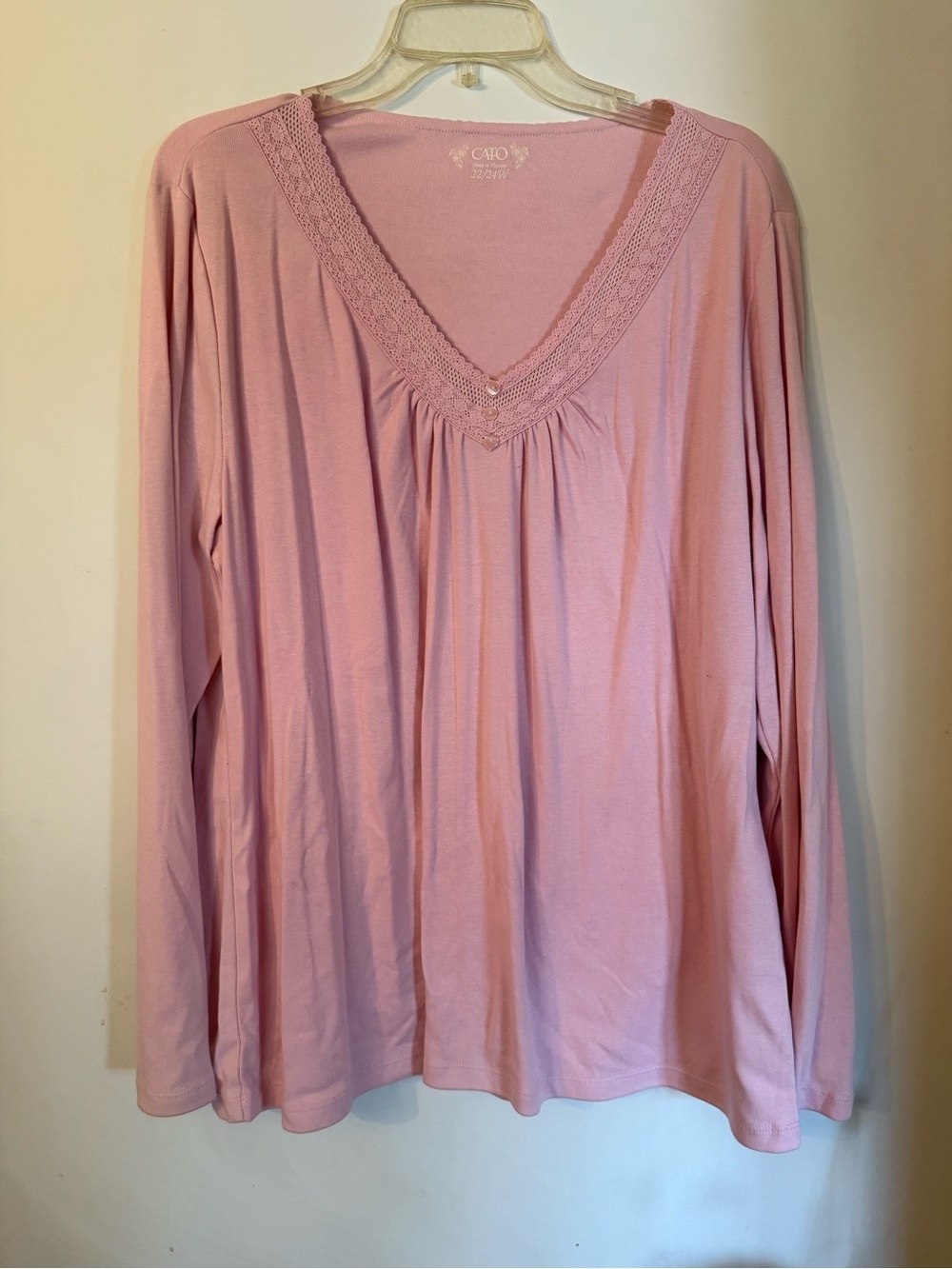Cato Light Pink Lace-Trim V-Neck Long Sleeve Top